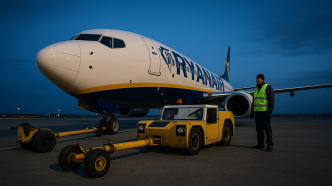 Lietadlo Ryanair pri push-backu ťahačom za modrej hodiny, široký záber spredu na nos a ťahač s ground crew.