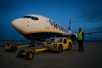 Lietadlo Ryanair pri push-backu ťahačom za modrej hodiny, široký záber spredu na nos a ťahač s ground crew.