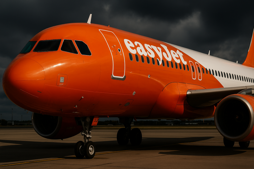 Detail prednej casti a nosa lietadla Airbus A320 spolocnosti easyJet v oranzovo-bielom natere, nizky predny trojstvrtovy uhol, dramaticke burkove oblaky a tvrde popoludnajsie svetlo.