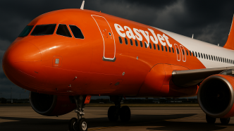 Detail prednej casti a nosa lietadla Airbus A320 spolocnosti easyJet v oranzovo-bielom natere, nizky predny trojstvrtovy uhol, dramaticke burkove oblaky a tvrde popoludnajsie svetlo.