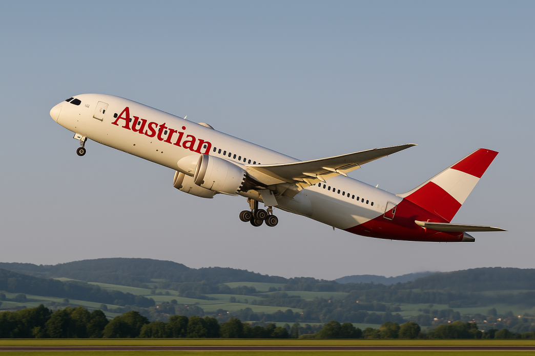Lietadlo Boeing 787-9 Dreamliner spolocnosti Austrian Airlines v cerveno-bielej livereji strmo stupa do rannej oblohy po starte, zabery zo zeme zdola, v pozadi zelena rakuska krajina