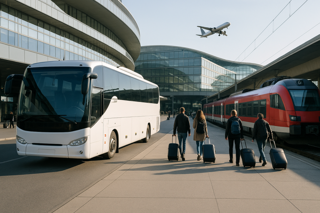 Prijazd k terminalu letiska Viedeň, autobus a vlakove nastupiste, cestujuci s kuframi mieria k terminalu, rano