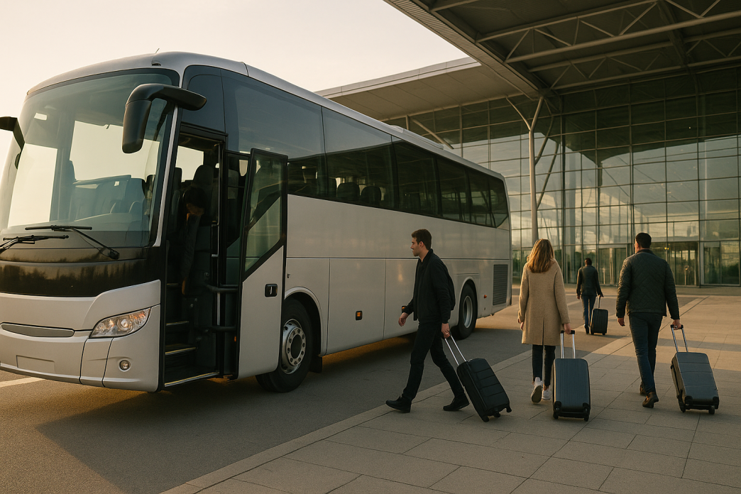 Cestujúci s kuframi vystupujú z moderného diaľkového autobusu pred sklenenou fasádou terminálu letiska vo včasnom rannom svetle