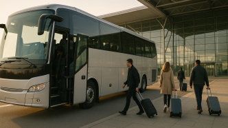Cestujúci s kuframi vystupujú z moderného diaľkového autobusu pred sklenenou fasádou terminálu letiska vo včasnom rannom svetle