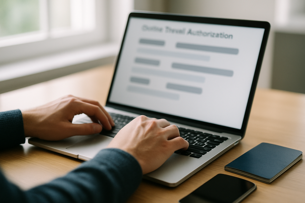 Cestujúci vypĺňa online žiadosť o cestovné povolenie na notebooku, vedľa leží pas a mobil