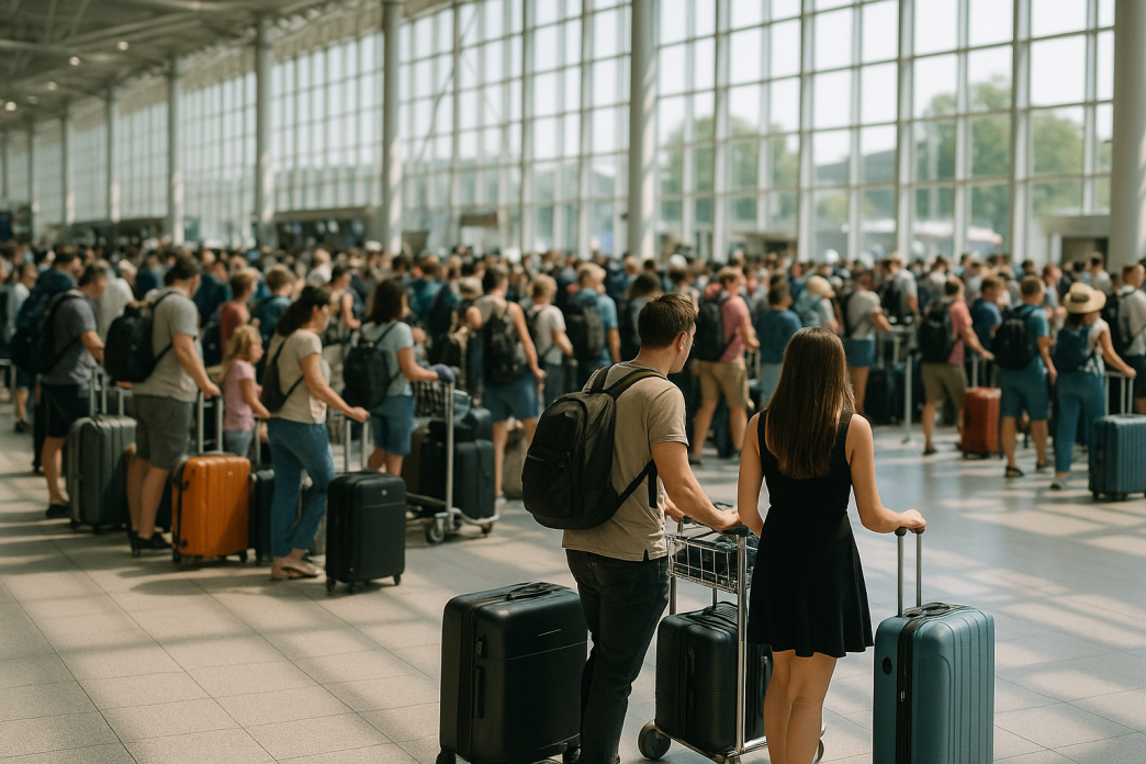 Rusna odbavovacia hala letiska v lete, dlhe rady cestujucich s kuframi pri check-in pultoch, presvetleny zaber cez sklenenu fasadu