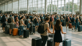 Rusna odbavovacia hala letiska v lete, dlhe rady cestujucich s kuframi pri check-in pultoch, presvetleny zaber cez sklenenu fasadu