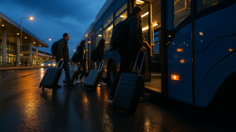 Cestujuci s kuframi nastupuju do mestskeho autobusu pred terminalom letiska Budapest za modrej hodiny, mokry asfalt s odrazmi svetiel, nizky bocny uhol