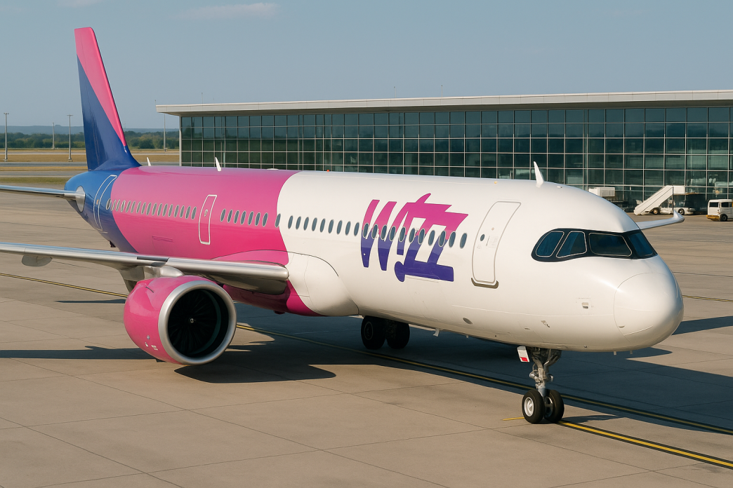Wizz Air Airbus A321neo pred presklenym terminálom letiska Budapešť, predný trojštvrťový záber z mierneho nadhľadu