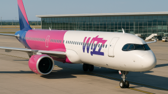 Wizz Air Airbus A321neo pred presklenym terminálom letiska Budapešť, predný trojštvrťový záber z mierneho nadhľadu