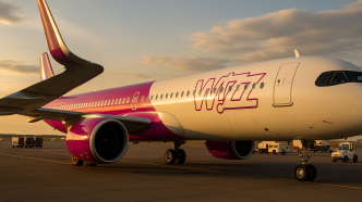 Lietadlo Wizz Air Airbus A321neo na odbavovacej ploche pri zapade slnka, zaber z nizkeho uhla spoza laveho kridla cez motor a winglet, v pozadi handlingova technika