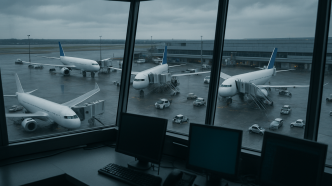 Pohľad z riadiacej veže cez sklo na apron letiska s lietadlami pri prstoch a handlingovou technikou, zamračené popoludnie.