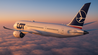 LOT Boeing 787 Dreamliner letí nad oblakmi pri východe slnka, pohľad spoza krídla zozadu