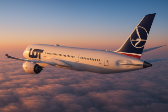 LOT Boeing 787 Dreamliner letí nad oblakmi pri východe slnka, pohľad spoza krídla zozadu