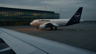 Pohľad spoza krídla na plochu letiska s lietadlom Lufthansa pri termináli za súmraku