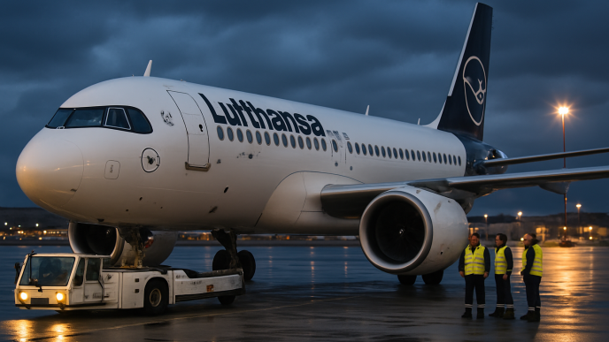Lietadlo Lufthansa Airbus A320neo pri odtlačení od terminálu ťahačom počas modrej hodiny, nízky predný trojštvrťový uhol, pozemný personál v reflexných vestách, mokrá plocha s odrazmi svetiel