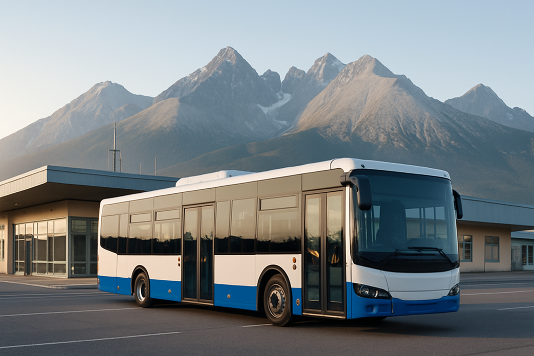 Mestský autobus pred terminálom malého horského letiska, v pozadí štíty vysokých hôr – ilustračný obrázok