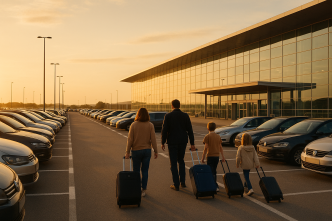 Rodina s kuframi kráča cez nekryté parkovisko pri termináli letiska v zlatom svetle podvečerného slnka, v pozadí rady zaparkovaných áut a presklený terminál.
