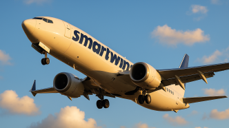 Lietadlo Boeing 737 MAX aerolínie Smartwings stúpa po štarte proti modrej oblohe, záber zdola v žabej perspektíve.