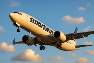 Lietadlo Boeing 737 MAX aerolínie Smartwings stúpa po štarte proti modrej oblohe, záber zdola v žabej perspektíve.