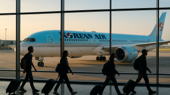 Interier terminalu Letiska Vaclava Havla v Prahe, cestujuci pri presklenej stene, za sklom lietadlo Korean Air Boeing 787 pri gate za vecerneho svetla
