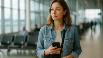 Cestujúca so smartfónom a malou príručnou taškou čaká v odletovej hale letiska pri nástupnej bráne