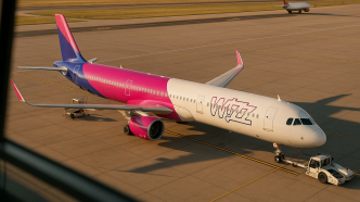 Pohlad z veze na odbavovaciu plochu letiska Bratislava, Airbus A321neo spolocnosti Wizz Air, neskore popoludnie s dlhymi tienmi