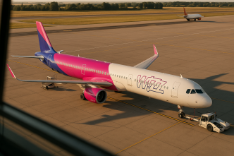 Pohlad z veze na odbavovaciu plochu letiska Bratislava, Airbus A321neo spolocnosti Wizz Air, neskore popoludnie s dlhymi tienmi