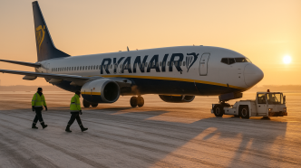 Push-back lietadla Ryanair s ťahačom v zimnom ráne, ground crew v reflexných vestách