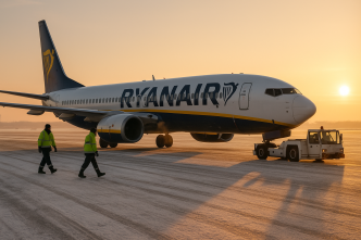 Push-back lietadla Ryanair s ťahačom v zimnom ráne, ground crew v reflexných vestách