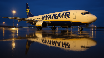 Boeing 737 spolocnosti Ryanair pri gate na letisku Krakov za modrej hodiny, mokra plocha odraza svetla, nizky predny trojstvrtovy zaber