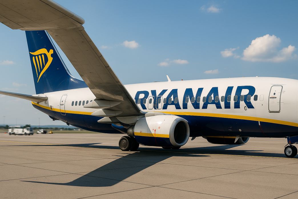 Boeing 737 spolocnosti Ryanair rolluje po ploche letiska Bratislava, zaber spoza kridla s motorom v popredi, letne popoludnie