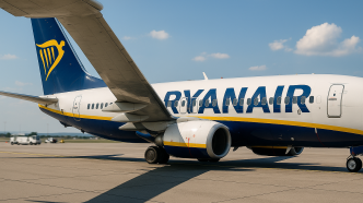 Boeing 737 spolocnosti Ryanair rolluje po ploche letiska Bratislava, zaber spoza kridla s motorom v popredi, letne popoludnie