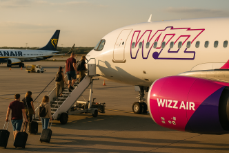 Nastup cestujucich po schodoch do lietadla Wizz Air Airbus A321neo na ploche letiska, v pozadi Boeing 737 Ryanair, letne neskore popoludnie