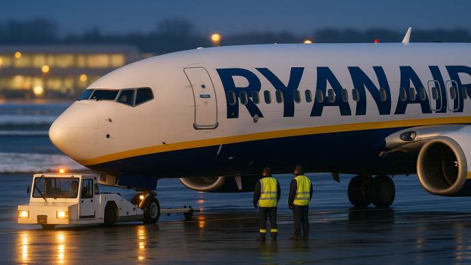 Push-back lietadla Ryanair Boeing 737 s tahacom a ground crew, tesny teleobjektivovy zaber na prednu cast trupu, zimny vecer, modra hodina