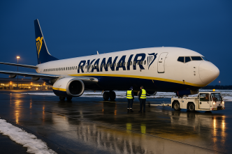 Push-back lietadla Ryanair Boeing 737 s tahacom a ground crew na ploche letiska, zimny vecer, modra hodina, mokra plocha