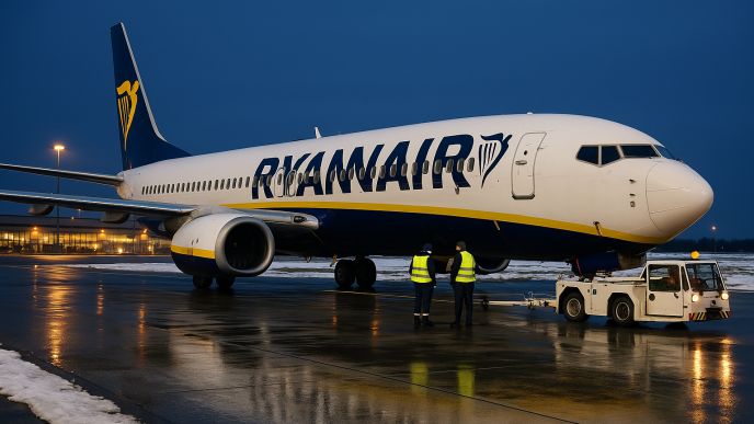Push-back lietadla Ryanair Boeing 737 s tahacom a ground crew na ploche letiska, zimny vecer, modra hodina, mokra plocha