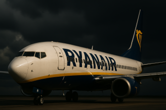 Detail nosa lietadla Ryanair pod dramatickou oblohou, predný trojštvrťový uhol