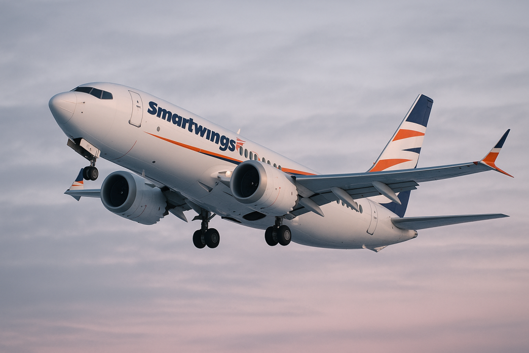 Lietadlo Boeing 737 spoločnosti Smartwings stúpa po štarte na oblohe počas zimného súmraku, záber z nízkeho uhla, na trupe veľký čitateľný nápis Smartwings.