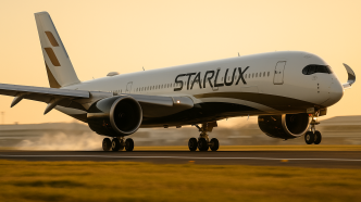 Starlux Airbus A350 dosadá na dráhu pri zlatom svetle, nízky uhol spoza okraja dráhy