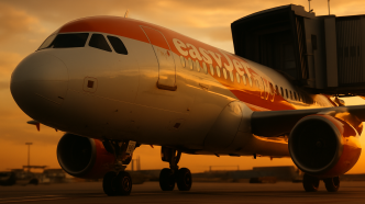 Lietadlo easyJet v oranžovej livrei stojí pri nástupnom mostíku počas zapadajúceho slnka, fotografované z nízkeho uhla spredu, v pozadí prázdny terminál naznačuje zrušené lety počas štrajku.