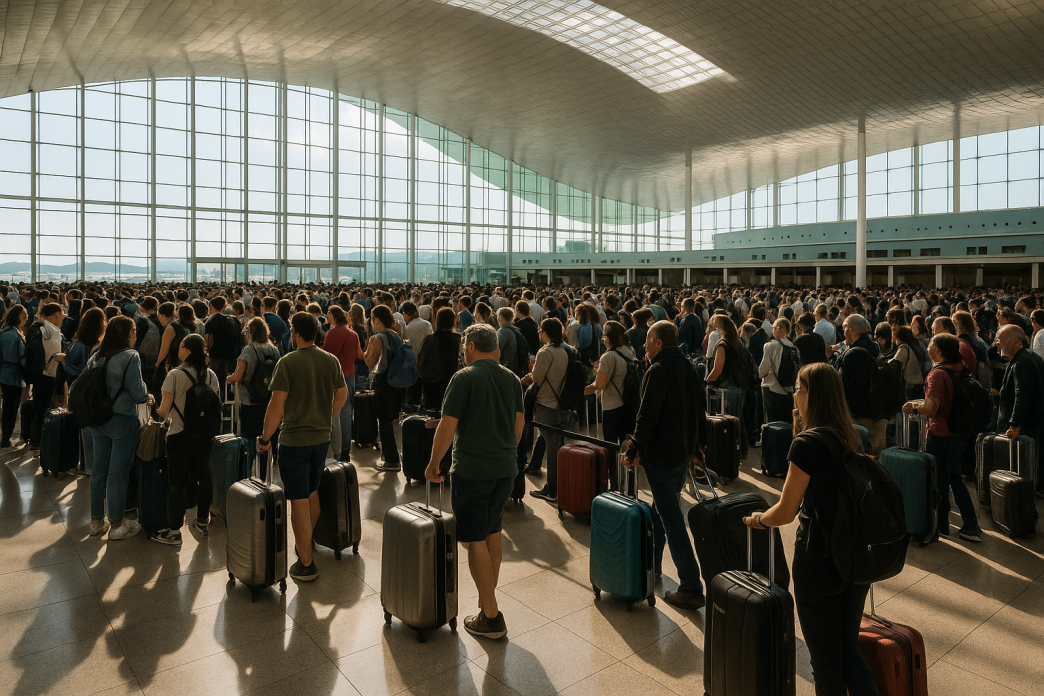 Preplnena odbavovacia hala terminalu letiska Barcelona s dlhymi radami cestujucich, denne svetlo cez presklenu strechu