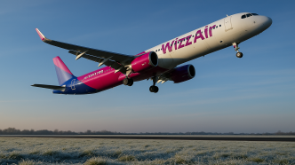 Wizz Air Airbus A321neo stúpa po štarte, pohľad z nízkeho uhla, zimné ráno
