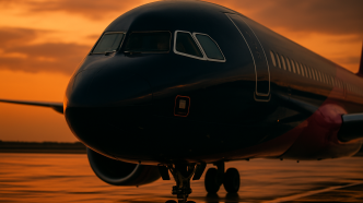 Detailný záber na nos a kokpit lietadla Airbus A321neo v tmavomodro-ružovom nátere na letiskovej ploche za dramatického súmraku