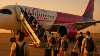 Cestujúci nastupujú po schodoch do lietadla Wizz Air pri západe slnka