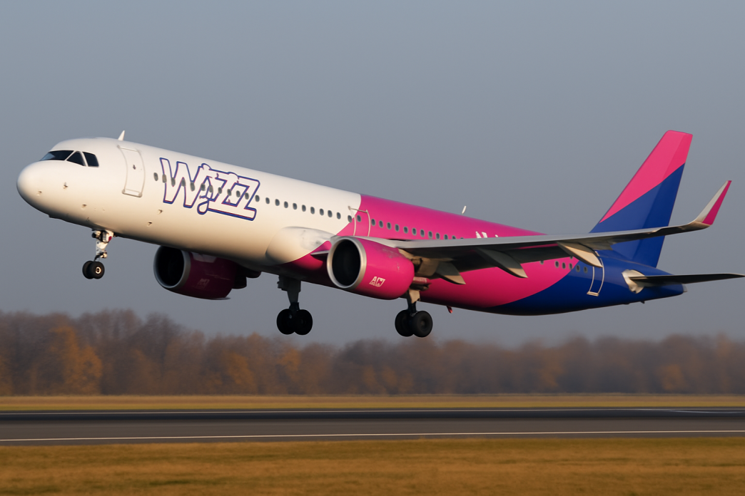 Airbus A321neo Wizz Air vo fialovo-ružovej livreji tesne po vzlete z dráhy, záber z nízkeho uhla za jasného jesenného rána