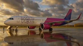 Lietadlo Wizz Air Airbus A321neo na odbavovacej ploche letiska v jesennom podvečernom svetle