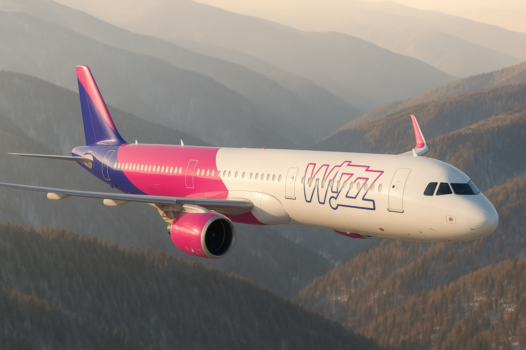 Airbus A321neo Wizz Air v livreji s bielou prednou časťou trupu, purpurovou zadnou časťou a fialovým chvostom za letu nad zalesnenými hrebeňmi v podvečernom svetle