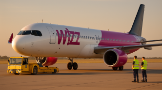 Lietadlo Wizz Air pri push-backu so žltým ťahačom na ploche letiska, golden hour, ground crew v reflexných vestách