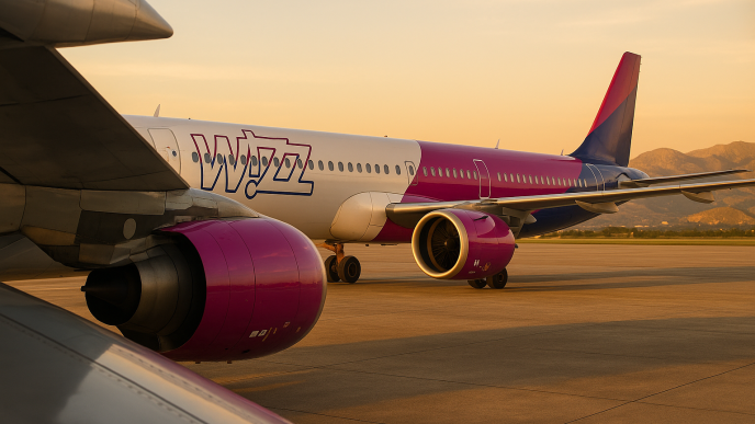 Airbus A321neo aerolinky Wizz Air na plose letiska Palermo za zlatej hodiny, pohlad spoza kridla a motora, v pozadi sicilske kopce